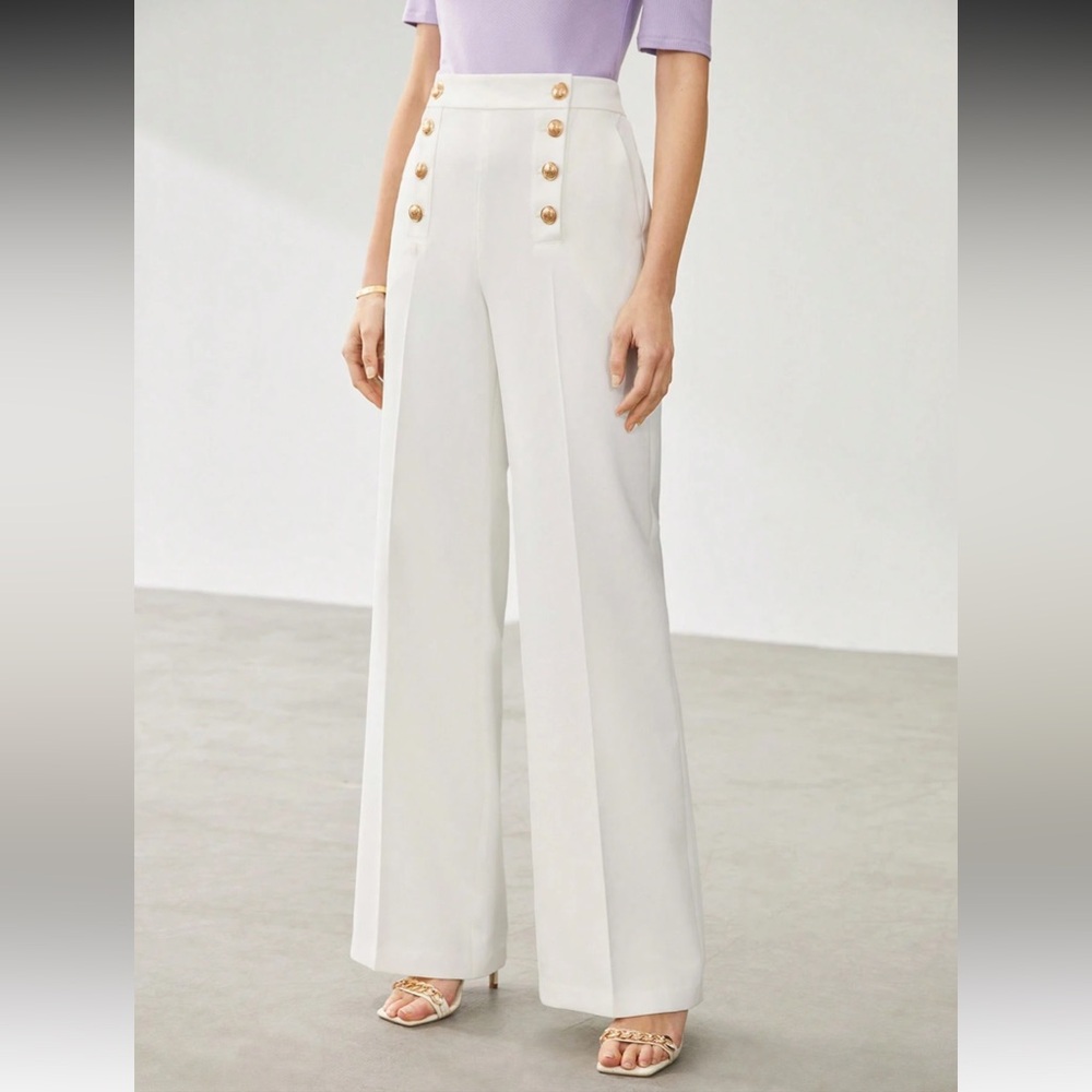 High Waist White Wide Leg Sailor Dress Pants Brass Buttons XS - Picture 15 of 16